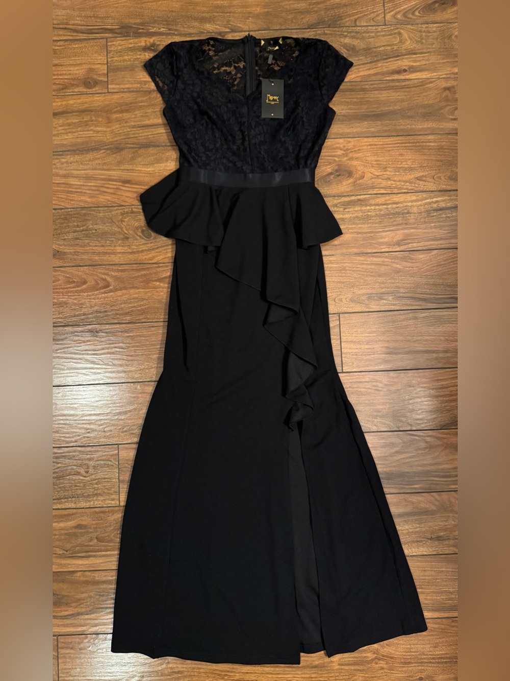 MISSMAY women's elegant lace ruffle split cocktail party maxi dress- black. Sz S